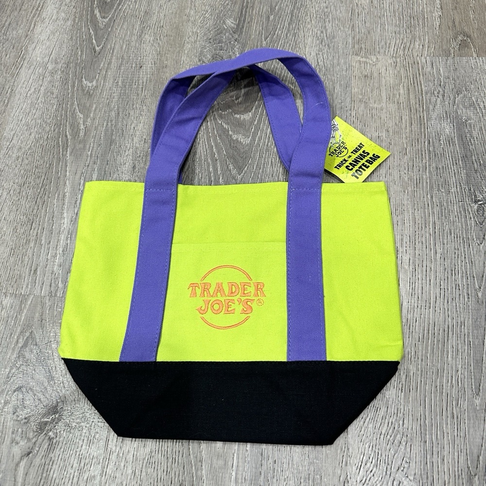 Trader Joe's Trick Or Treat Canvas Mini Tote Bag Halloween 2024 Green Purple